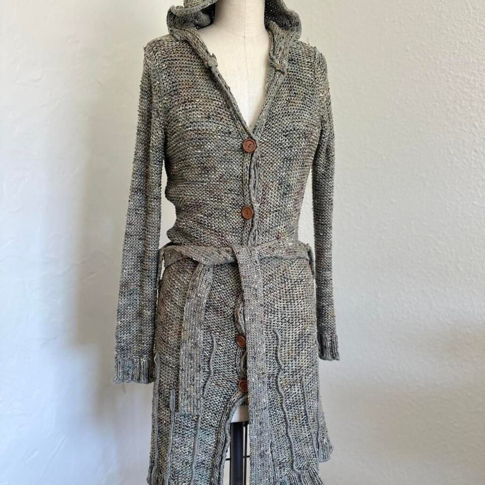 Bcbgmaxazria Medium Y2K 2000s gray & brown tweed textured knit hooded cardigan